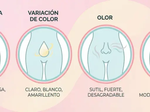 Ilustración sobre consistencia, color, olor y cantidad del moco vaginal. Muestra variaciones normales y posibles señales de alerta.
