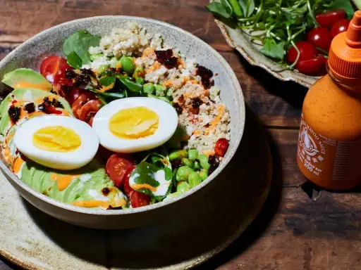 Gesunde Bowl-Ideen: Quinoa, Avocado, Ei, Edamame und Kirschtomaten, beträufelt mit Sriracha-Mayo.