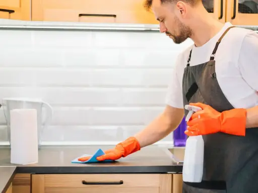 Hombre con guantes naranjas desinfecta la cocina, rociando la encimera con un spray limpiador.