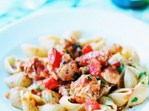 En närbild på en tallrik med tonfisksallad med pasta. Pastan är blandad med bitar av tonfisk, tomater och örter i en röd sås.