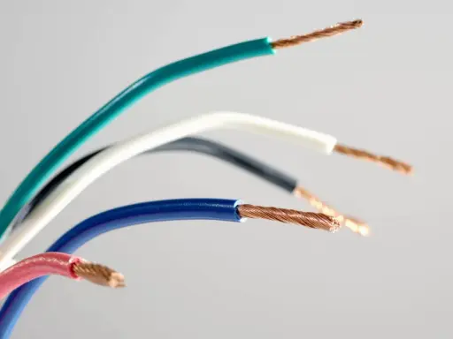 Kolorowe przewody elektryczne, każdy z odsłoniętym miedzianym rdzeniem. Widać oznaczenie prądu L na niebieskim kablu.
