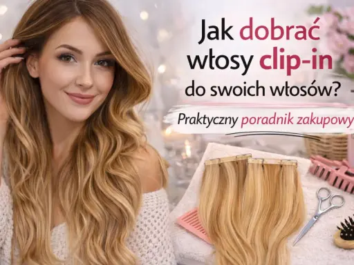 Kobieta z długimi, falowanymi włosami, obok pasma doczepianych włosów clip-in. Poradnik zakupowy dotyczący zabiegów na włosy.