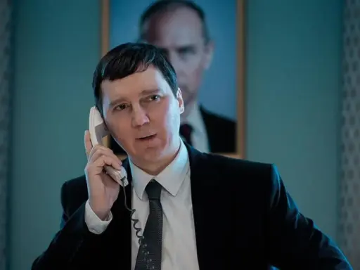 Un uomo in giacca e cravatta parla al telefono, con un ritratto di Putin sullo sfondo. Sembra il mago del Cremlino.