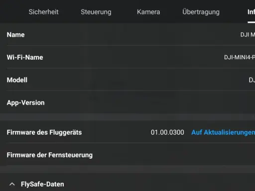 Infos in der DJI Mini 2 App: Modell DJI Mini 4 Pro, App-Version 1.12.4, Firmware-Status und mehr.
