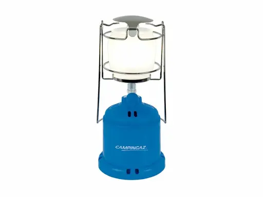 Niebieska lampa gazowa Campingaz, gotowa do rozświetlenia nocnych przygód.