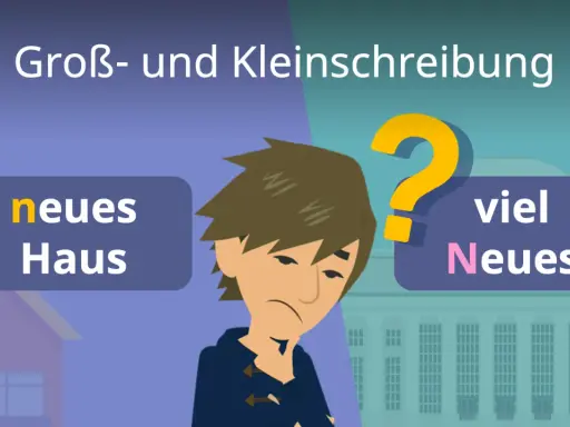 Ein Junge grübelt über Groß- und Kleinschreibung. "neues Haus" oder "viel Neues"? Alles Gute, groß oder klein, ist hier die Frage.