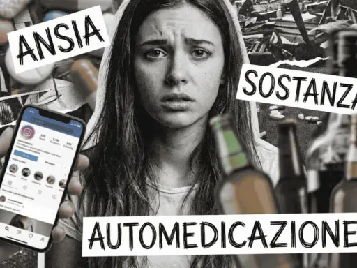 Ansia, sostanza, automedicazione: la trasgressione significato di un volto tormentato, tra pillole e bottiglie.