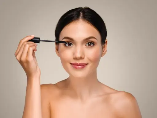 Una joven se aplica máscara de pestañas, sintiendo la emoción de mi primer maquillaje.