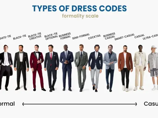 Men showcase various dressy attire options, from white-tie formal wear to smart-casual looks, illustrating a formality scale.