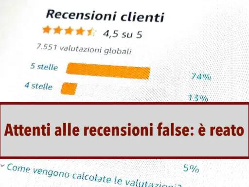 Attenzione alle recensioni positive false: è reato. Il grafico mostra le valutazioni dei clienti, con un avviso importante.