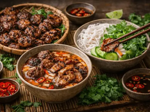 En härlig buffé med vietnamesisk mat: grillade köttbullar, nudlar med grönsaker och en smakrik buljong.