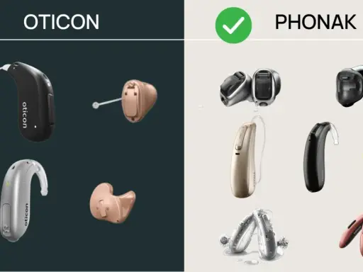 Porównanie aparatów słuchowych: po lewej stronie modele Oticon, po prawej Phonak. Różne typy i kolory urządzeń.