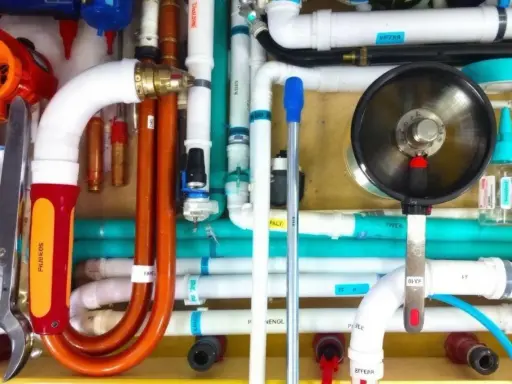 Un réseau complexe de tuyaux blancs, orange et turquoise, avec un outil de plomberie et un manomètre. Un **profilé souple** orange se courbe gracieusement.