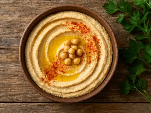 Cremiger Hummus in einer Schale, garniert mit Kichererbsen, Olivenöl und Paprikapulver. Ein gesunder Snack, der wenig Hummus Kalorien hat.