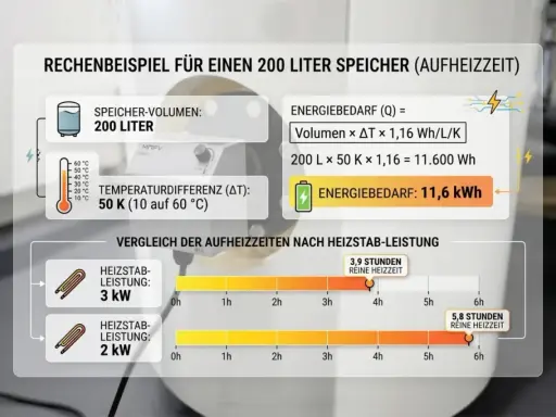 Berechnungsbeispiel für einen 200-Liter-Speicher: Ein elektrischer Warmwasserbereiter mit 3 kW Heizstab benötigt 3,9 Stunden.