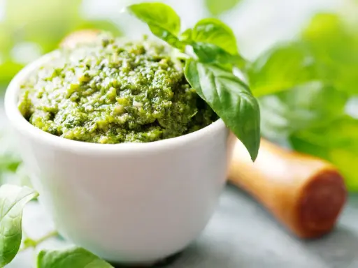 Pesto z bazylii, aromatyczny sos, do czego służy bazylia? Do nadania smaku makaronom, sałatkom i pieczywu.