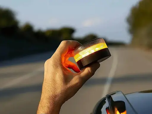 Mano sujeta una baliza de emergencia naranja brillante, lista para evitar una multa o señalizar un peligro en la carretera.
