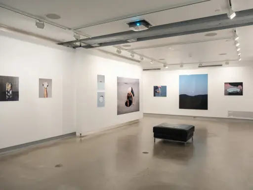 Art exhibition at blue sky gallery Portland, featuring abstract photography and a black leather ottoman.