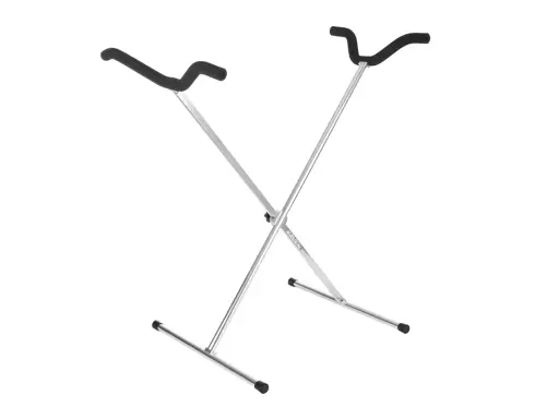 Zusammenklappbarer Gitarren-modellständer aus Metall mit gepolsterten Auflagearmen.