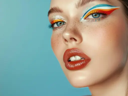 Ojo con delineado gráfico vibrante en tonos naranja, amarillo y azul. Labios rojos brillantes y pecas sutiles.