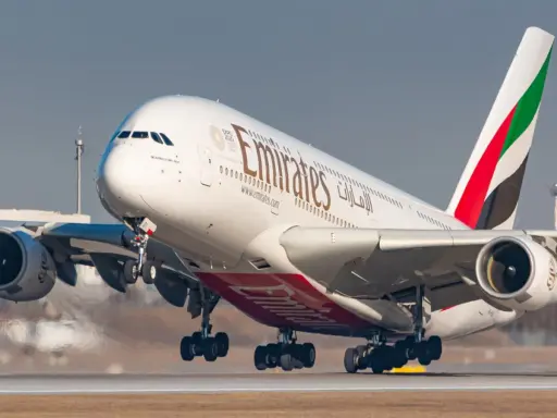 Emirates, jedne z najlepszych linii lotniczych, startuje. Ogromny samolot z charakterystycznym ogonem w barwach narodowych.