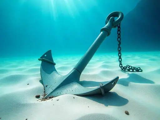 Ancre de bateau posée sur le sable blanc au fond de l'océan, sous des rayons de soleil. Quelle ancre pour mon bateau ?