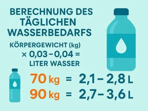Täglichen Wasserbedarf berechnen: Formel für Wasser trinken abnehmen. Tabelle zeigt, wie viel Liter Wasser bei 70kg und 90kg Körpergewicht empfohlen werden.