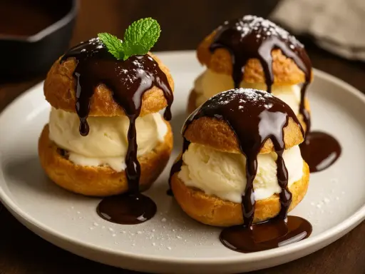 Trois profiteroles au chocolat, garnies de glace à la vanille et d'une sauce au chocolat onctueuse, saupoudrées de sucre glace et d'une feuille de menthe.