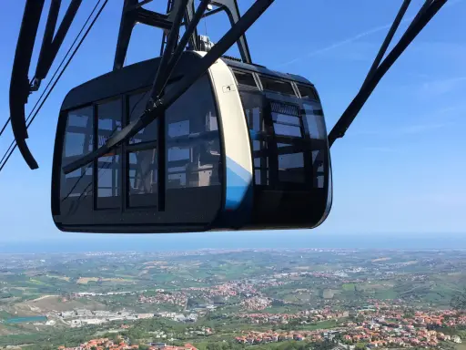 Cabina della funivia di San Marino in primo piano, con vista panoramica sulla città e sul mare all'orizzonte.