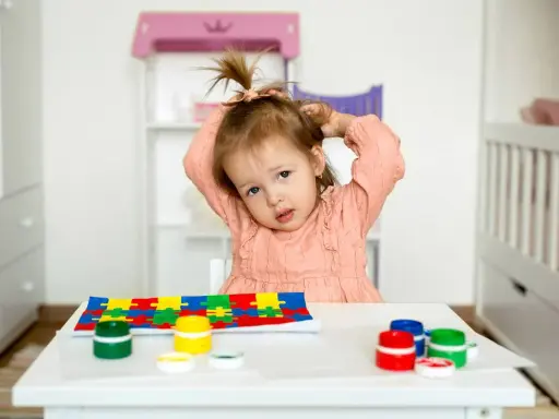 Bambina con puzzle e colori, un'immagine che fa riflettere su cos'è l'asperger e come supportare i bambini.
