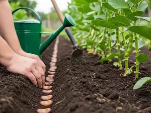 Mains plantent des fèves dans la terre, une ligne de graines prête à germer. Arrosoir vert et plants de fèves en arrière-plan.
