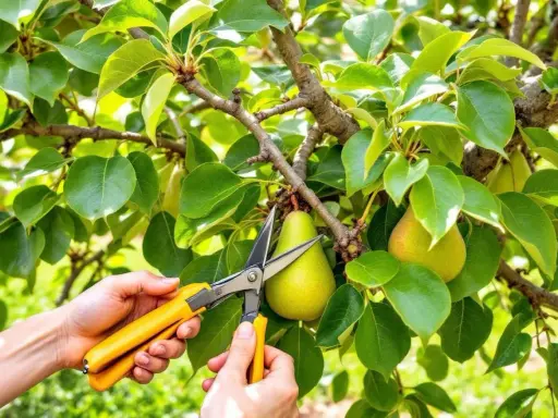 Des mains tiennent des cisailles jaunes pour apprendre comment tailler un poirier, près de poires mûres.