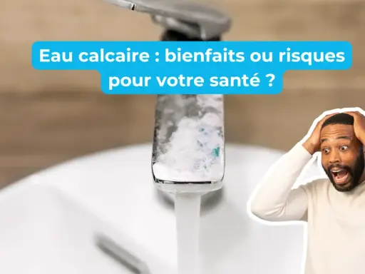 Un homme paniqué devant un robinet entartré. L'eau calcaire, est-ce bon ou mauvais pour votre santé ?