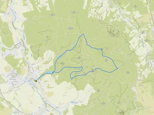 Mapa turystyczna Gór Sowich z zaznaczoną trasą pieszą i nazwami szczytów.
