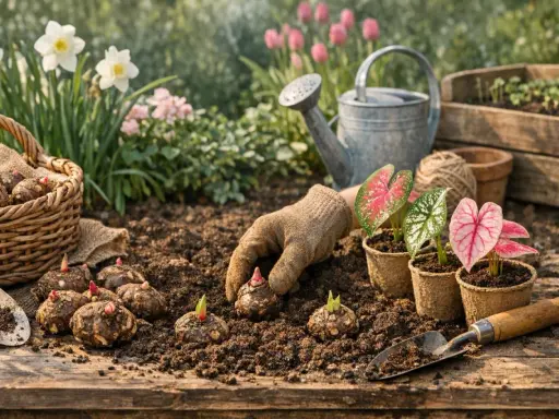 Maintenant, on plante des bulbes, peut-être une future fleur de ronce, dans la terre fertile. Des jeunes pousses émergent déjà.