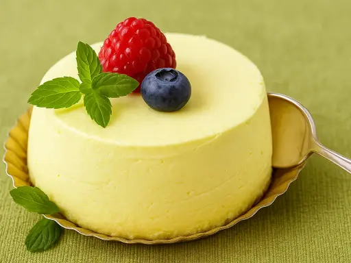 Délicieuse panna cotta mangue, garnie d'une framboise, d'une myrtille et de feuilles de menthe, prête à être dégustée avec une cuillère.