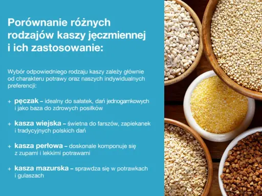 Cztery rodzaje kasz w drewnianych miseczkach: pęczak, kasza jaglana, kasza perłowa i kasza gryczana.
