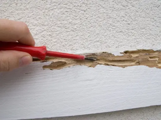 Main d'une personne utilisant un tournevis rouge pour gratter du bois rongé par des termites, révélant les dégâts dans une maison.
