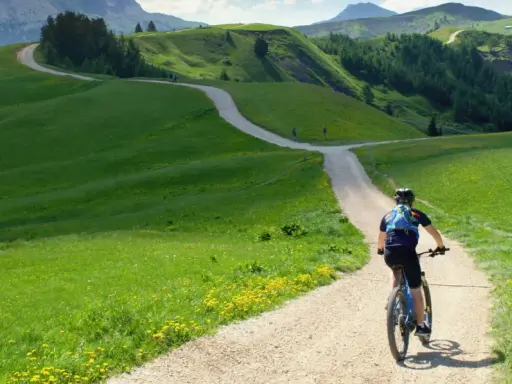 Rowerzysta przemierza malowniczą dolnośląską krainę rowerową, wśród zielonych wzgórz i kwitnących łąk.