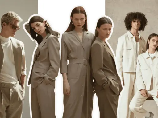 Models showcase gender fluid fashion in neutral-toned suits and jackets, blurring traditional style lines.