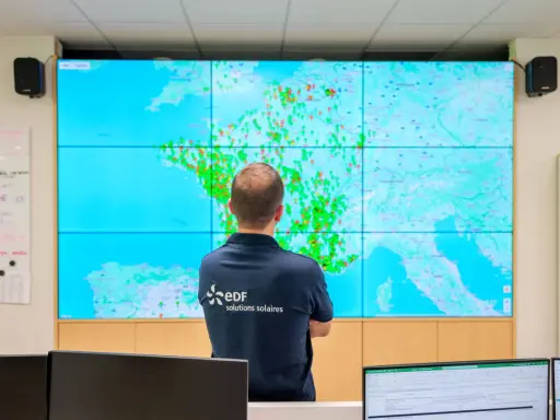 Un homme regarde une carte de la France sur un grand écran, avec des points verts et rouges. Il porte un polo "EDF solutions solaires", peut-être pour surveiller les installations et éviter une arnaque panneau solaire.