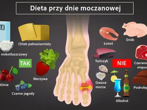 Dieta przy dnie moczanowej: TAK - nabiał, chleb, warzywa, wiśnie, jagody. NIE - drób, łosoś, tuńczyk, czerwone mięso, podroby, owoce morza, alkohol. Pomaga obniżyć podniesiony kwas moczowy.