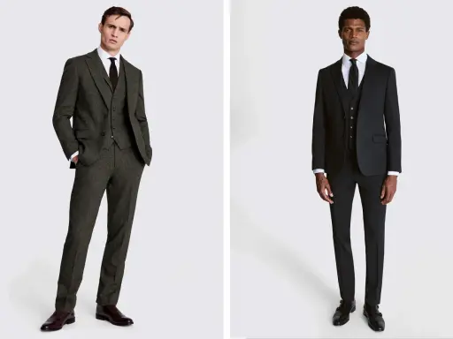 Two men in suits, showcasing options for what to wear to graduation male. One in a textured green suit, the other in a classic black suit.