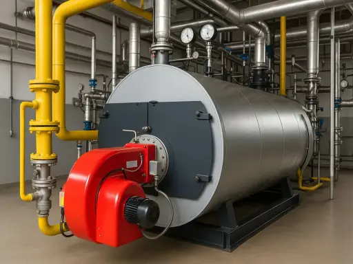 Gran caldera de vapor industrial con quemador rojo y tuberías amarillas.