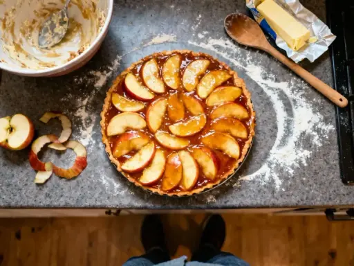 Une tarte tatin inratable, prête à être dégustée. Des pommes caramélisées sur une pâte dorée, un délice.