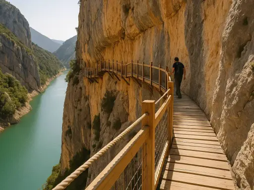 Un excursionista camina por las escaleras de Montfalcó, un sendero de madera que serpentea por un acantilado sobre un río turquesa.