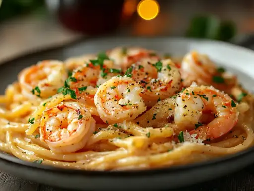 Pyszny makaron z krewetkami, posypany natką pietruszki i parmezanem, podany na talerzu.