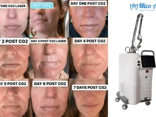 Progressione del viso prima e dopo il trattamento laser CO2 frazionato, mostrando il recupero in 7 giorni. Le recensioni confermano l'efficacia.