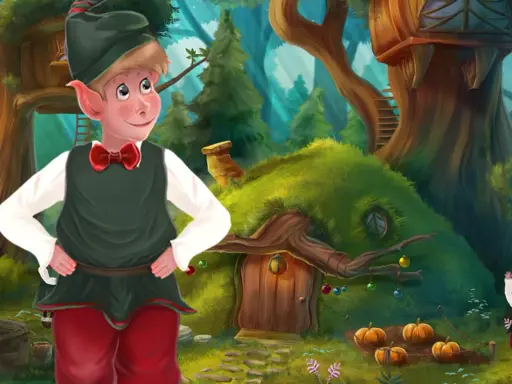 Elf w leśnej chatce, jak z bajki na telefonie. W tle drzewo z domkiem i dynie.
