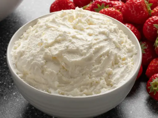 Cremiger Mascarpone in einer Schüssel, umgeben von frischen Erdbeeren. Perfekt für Tiramisu!